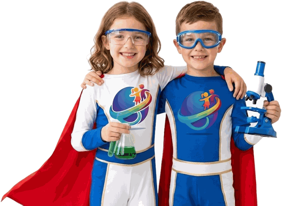 Dos niños con gafas de protección y el uniforme de Trayecto Liceo, sosteniendo un matraz y un microscopio